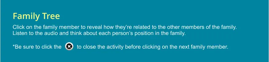 Family Tree Click on the family member to reveal how they’re related to the other members of the family. Listen to the audio and think about each person’s position in the family.  *Be sure to click the          to close the activity before clicking on the next family member.